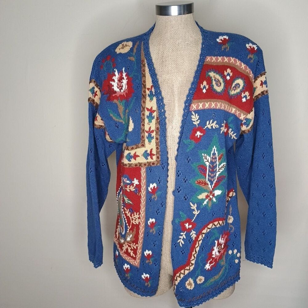 Vintage Susan Bristol Cardigan Sweater Women M Patchwork Blue Floral Embroidered